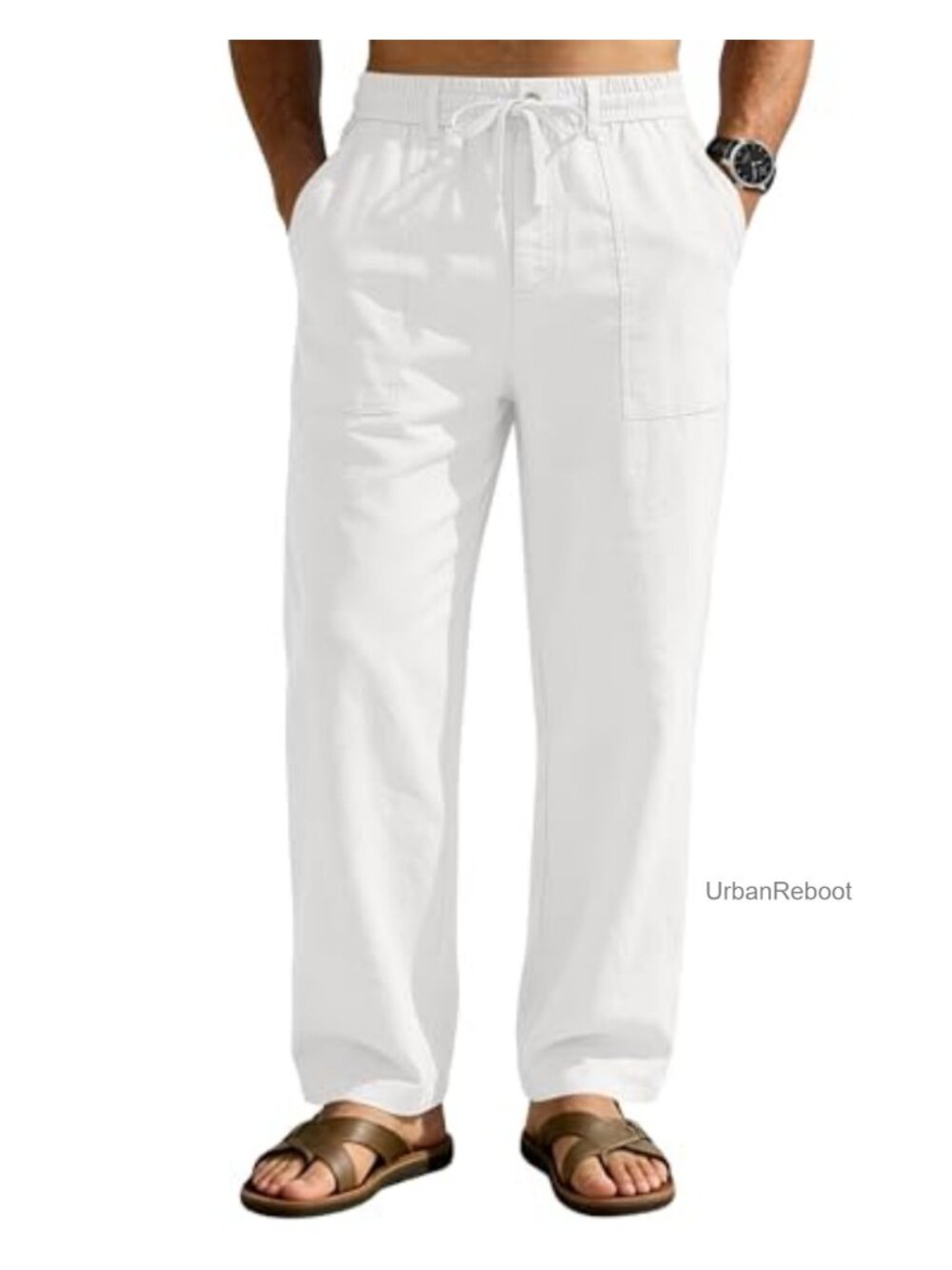 Men's Linen Pants Casual Drawstring Loose Straight 4 Pockets